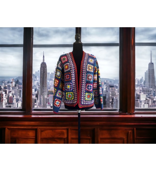Colorful Crochet Cardigan | Knitted Cardigan with Square Motifs | Granny Square Cardigan | Patchwork Cardigan | Handmade Cardigan