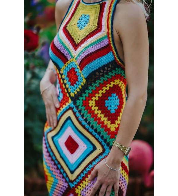 Sexy Knit dress, Boho long dress, Boho Crochet dress, Summer Dress Women, Colorful crochet Dress, Multicolor dress women